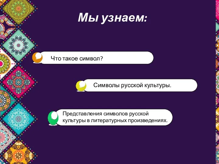 Мы узнаем: Представления символов русской культуры в литературных произведениях.