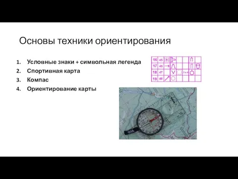 Основы техники ориентирования Условные знаки + символьная легенда Спортивная карта Компас Ориентирование карты