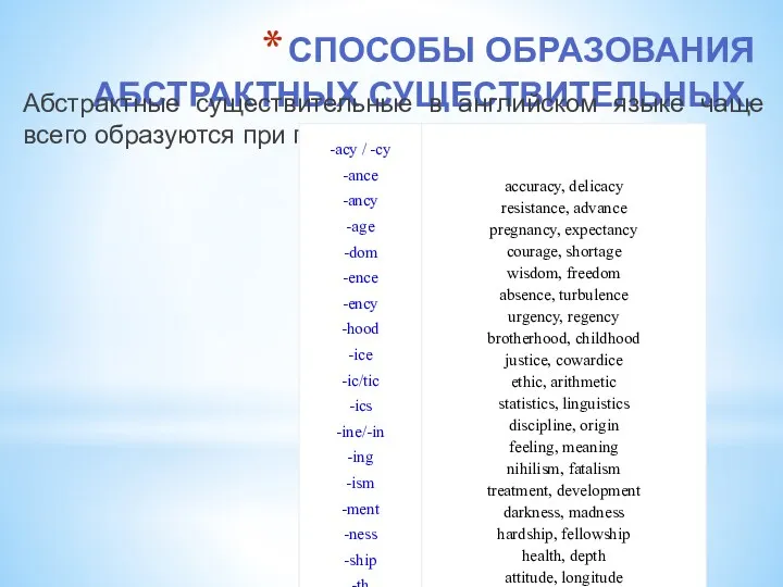 СПОСОБЫ ОБРАЗОВАНИЯ АБСТРАКТНЫХ СУЩЕСТВИТЕЛЬНЫХ. Абстрактные существительные в английском языке чаще всего образуются при помощи следующих суффиксов: