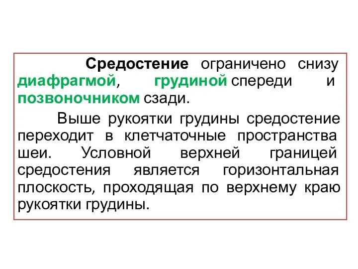 Средостение ограничено снизу диафрагмой, грудиной спереди и позвоночником сзади. Выше