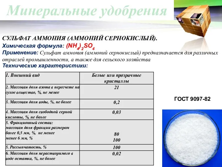 Минеральные удобрения СУЛЬФАТ АММОНИЯ (АММОНИЙ СЕРНОКИСЛЫЙ). ГОСТ 9097-82 Химическая формула: