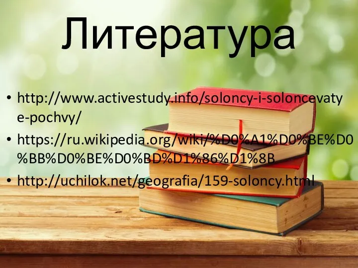 Литература http://www.activestudy.info/soloncy-i-soloncevatye-pochvy/ https://ru.wikipedia.org/wiki/%D0%A1%D0%BE%D0%BB%D0%BE%D0%BD%D1%86%D1%8B http://uchilok.net/geografia/159-soloncy.html