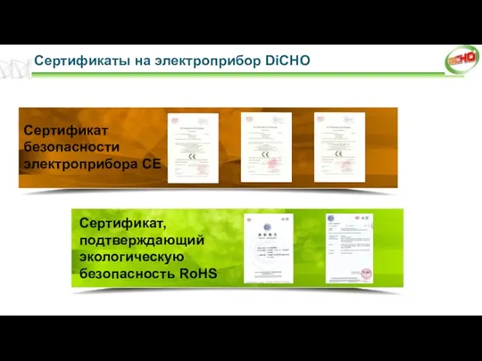 Сертификаты на электроприбор DiCHO Сертификат безопасности электроприбора CE Сертификат, подтверждающий экологическую безопасность RoHS