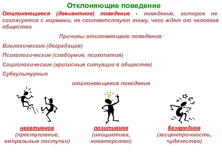 Отклоняющие поведение Отклоняющееся (девиантное) поведение - поведение, которое не согласуется