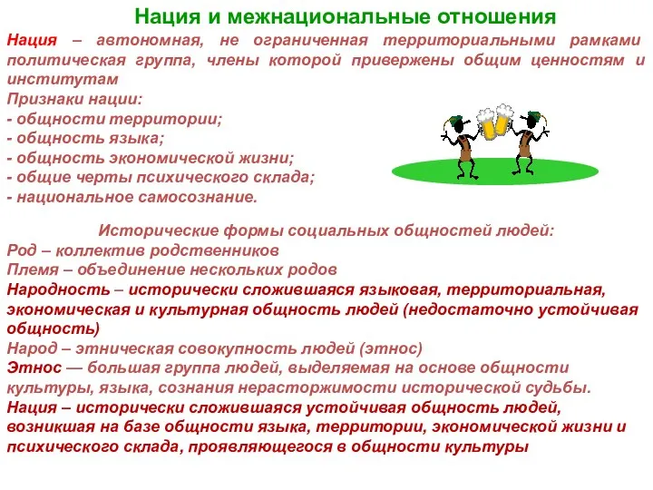 Нация и межнациональные отношения Нация – автономная, не ограниченная территориальными