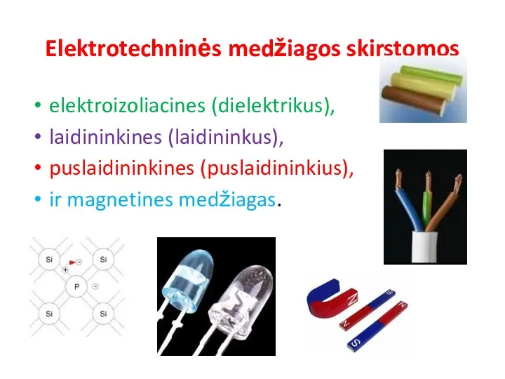 Elektrotechninės medžiagos skirstomos elektroizoliacines (dielektrikus), laidininkines (laidininkus), puslaidininkines (puslaidininkius), ir magnetines medžiagas.