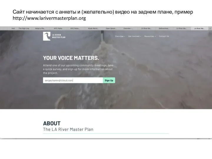 Сайт начинается с анкеты и (желательно) видео на заднем плане, пример http://www.larivermasterplan.org