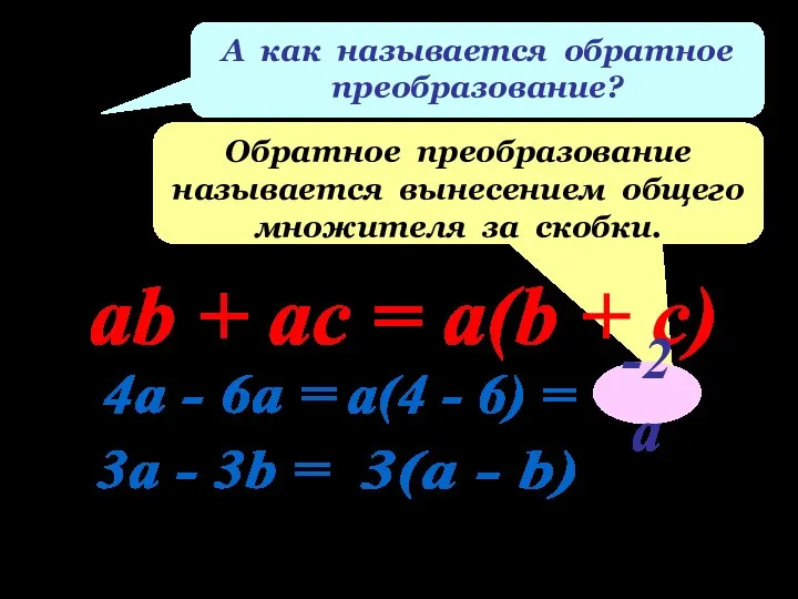 А как называется обратное преобразование? Обратное преобразование называется вынесением общего