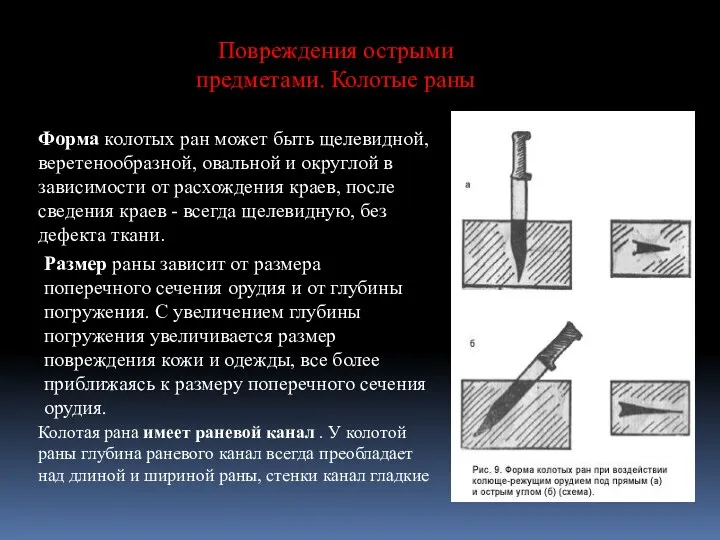 Форма колотых ран может быть щелевидной, веретенообразной, овальной и округлой