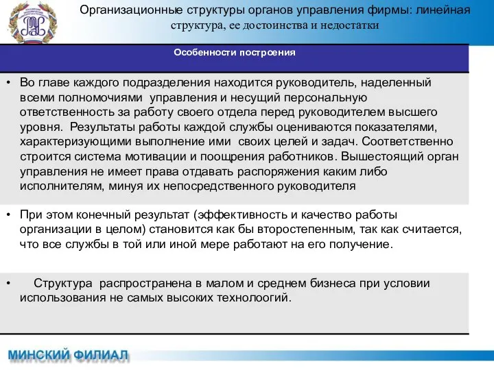 Организационные структуры органов управления фирмы: линейная структура, ее достоинства и недостатки