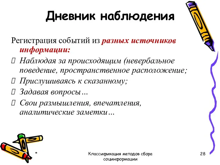 Дневник наблюдения Регистрация событий из разных источников информации: Наблюдая за