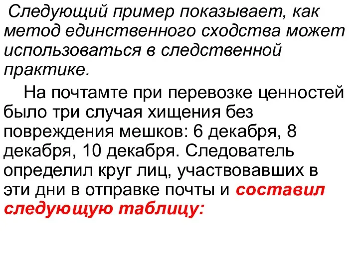 Следующий пример показывает, как метод единственного сходства может использоваться в следственной практике. На