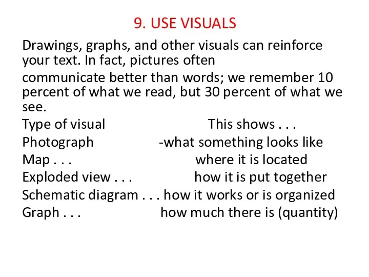 9. USE VISUALS Drawings, graphs, and other visuals can reinforce