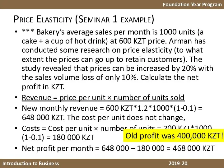 Price Elasticity (Seminar 1 example) Foundation Year Program Introduction to