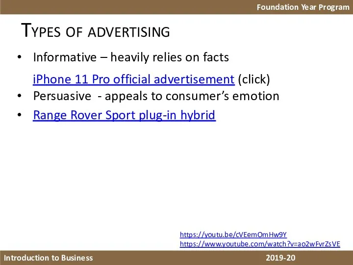 Types of advertising Foundation Year Program Introduction to Business 2018-19