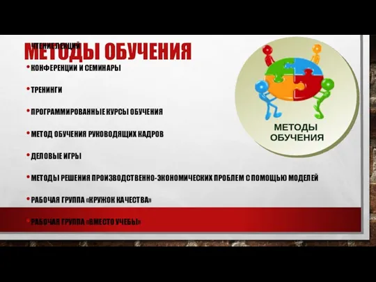 МЕТОДЫ ОБУЧЕНИЯ ЧТЕНИЕ ЛЕКЦИЙ КОНФЕРЕНЦИИ И СЕМИНАРЫ ТРЕНИНГИ ПРОГРАММИРОВАННЫЕ КУРСЫ