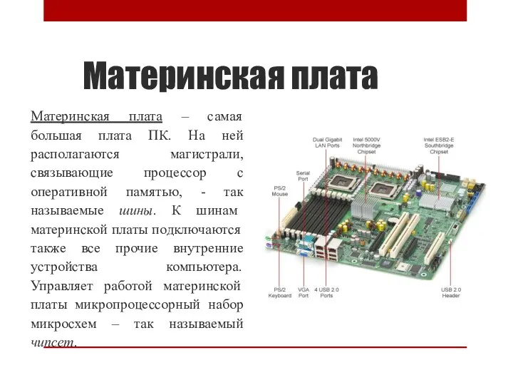 Материнская плата Материнская плата – самая большая плата ПК. На