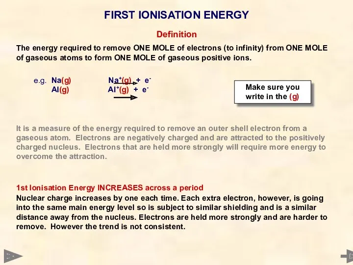 FIRST IONISATION ENERGY It is a measure of the energy