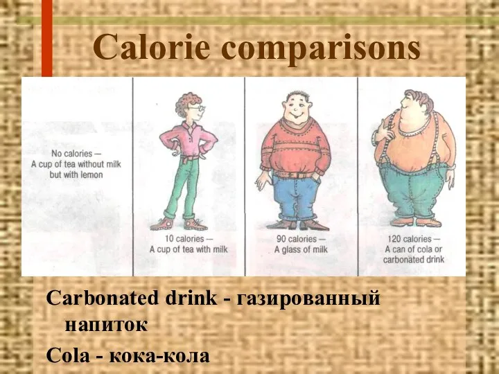 Calorie comparisons Carbonated drink - газированный напиток Cola - кока-кола