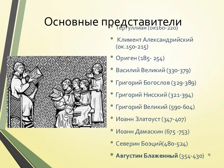 Основные представители Тертуллиан (ок160-220) Климент Александрийский (ок.150-215) Ориген (185- 254)