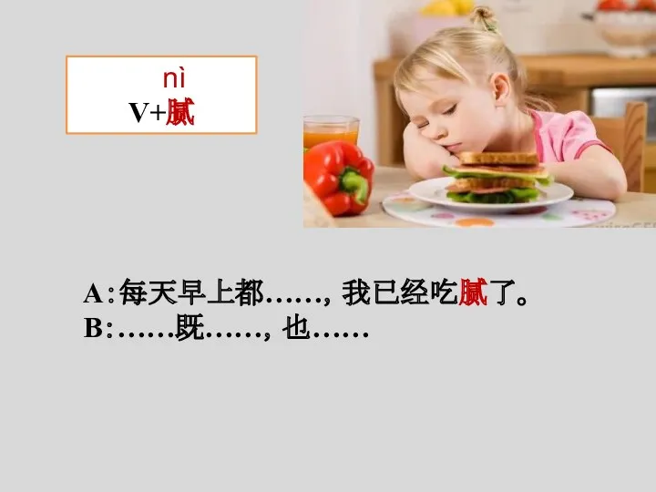 nì V+腻 A：每天早上都……，我已经吃腻了。 B：……既……，也……