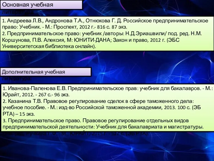 1. Иванова-Паленова Е.В. Предпринимательское прав: учебник для бакалавров. - М.: