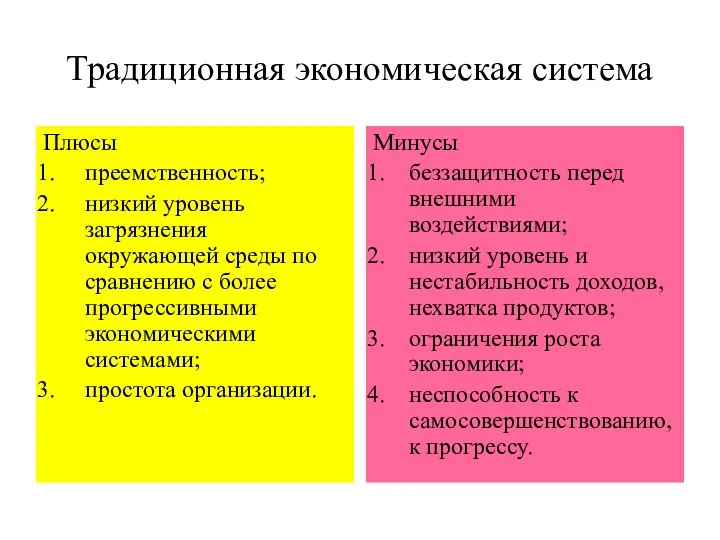 Традиционная экономическая система Плюсы преемственность; низкий уровень загрязнения окружающей среды