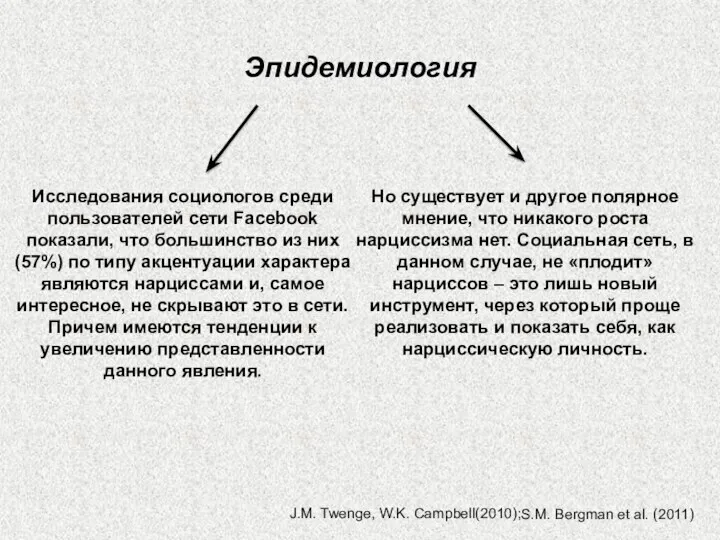 Эпидемиология J.M. Twenge, W.K. Campbell(2010); S.M. Bergman et al. (2011)