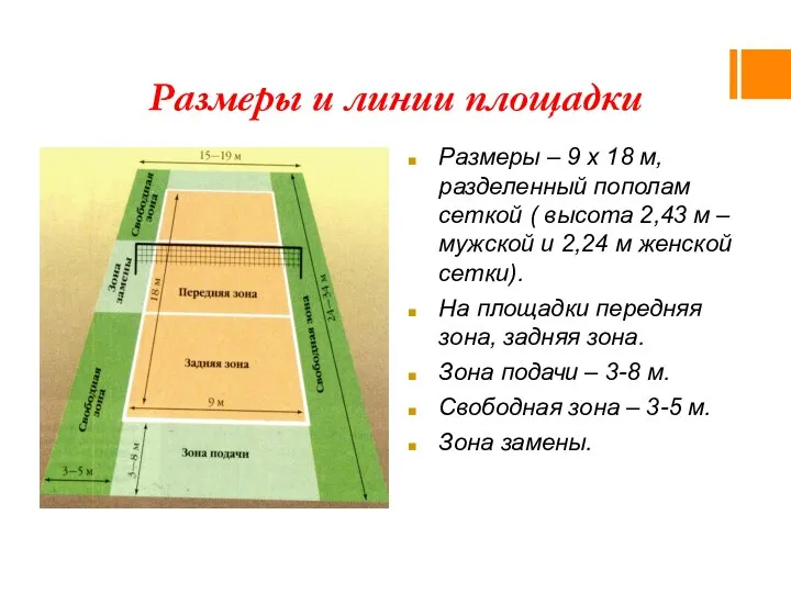 Размеры и линии площадки Размеры – 9 х 18 м,