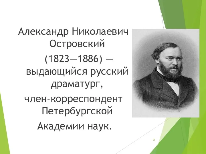 Александр Николаевич Островский (1823—1886) — выдающийся русский драматург, член-корреспондент Петербургской Академии наук.