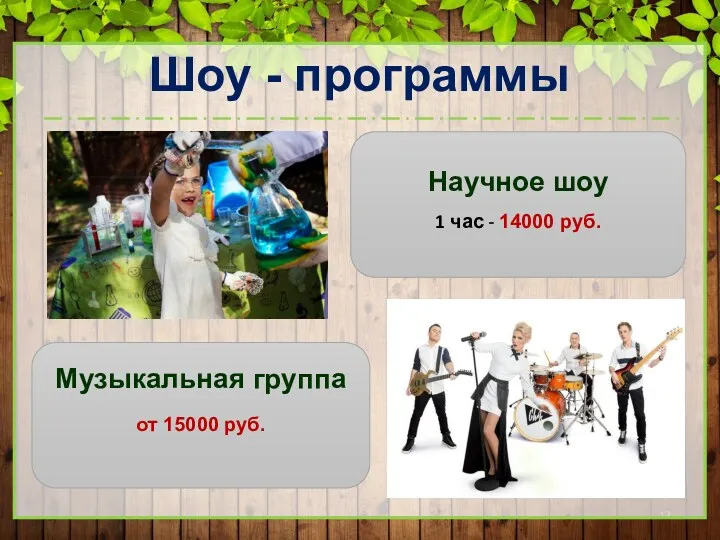 Шоу - программы Научное шоу 1 час - 14000 руб. Музыкальная группа от 15000 руб.