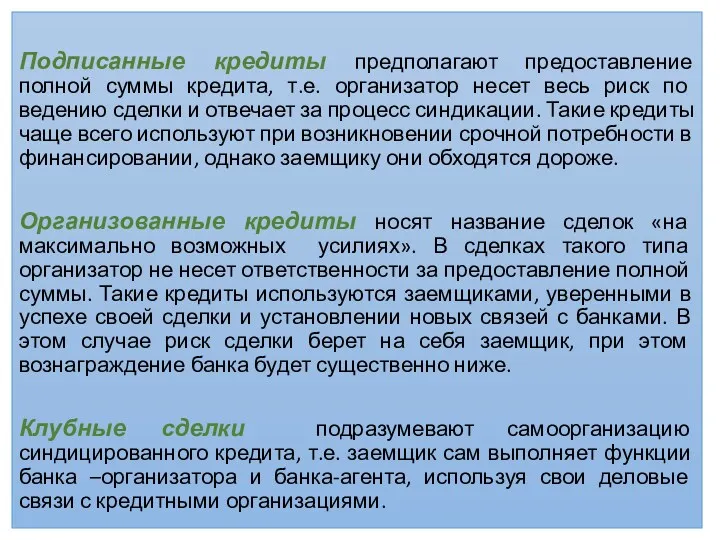 Подписанные кредиты предполагают предоставление полной суммы кредита, т.е. организатор несет