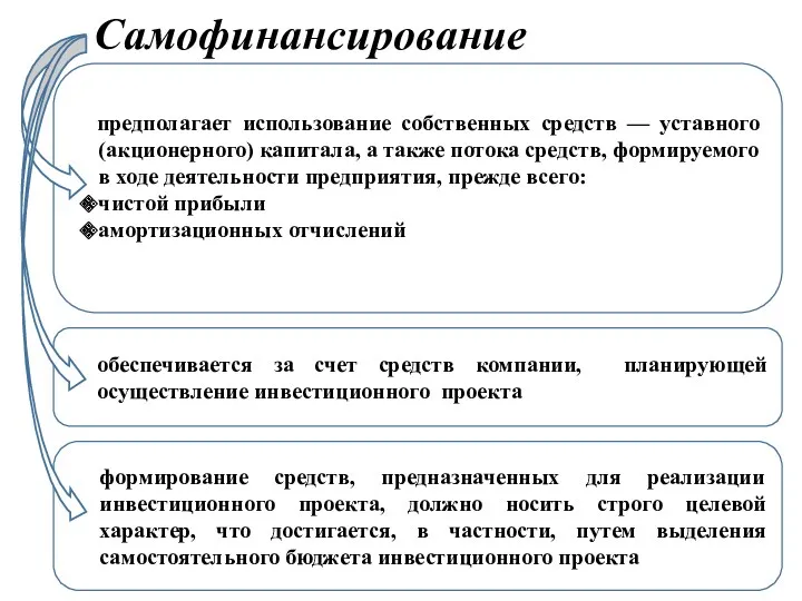 Самофинансирование формирование средств, предназначенных для реализации инвестиционного проекта, должно носить