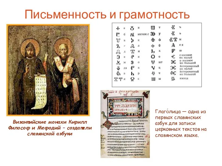Письменность и грамотность Византийские монахи Кирилл Философ и Мефодий – создатели славянской азбуки