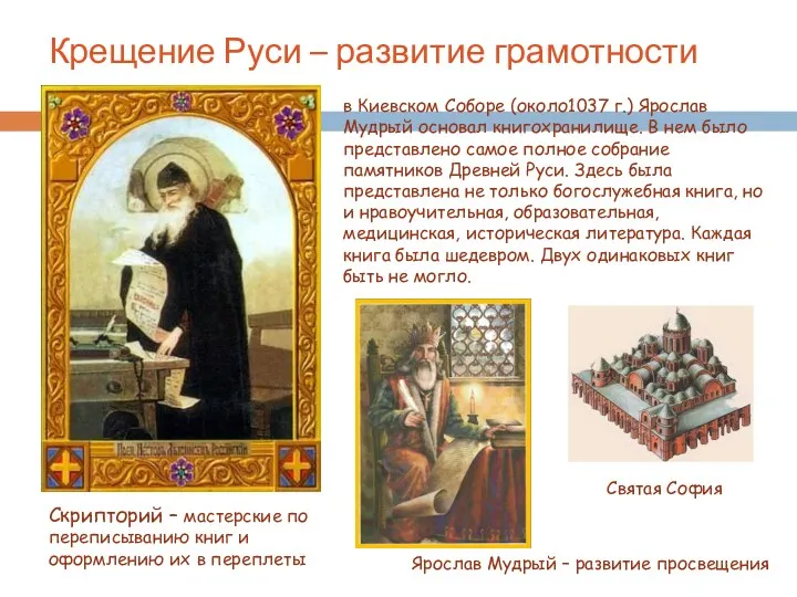Крещение Руси – развитие грамотности Скрипторий – мастерские по переписыванию книг и оформлению