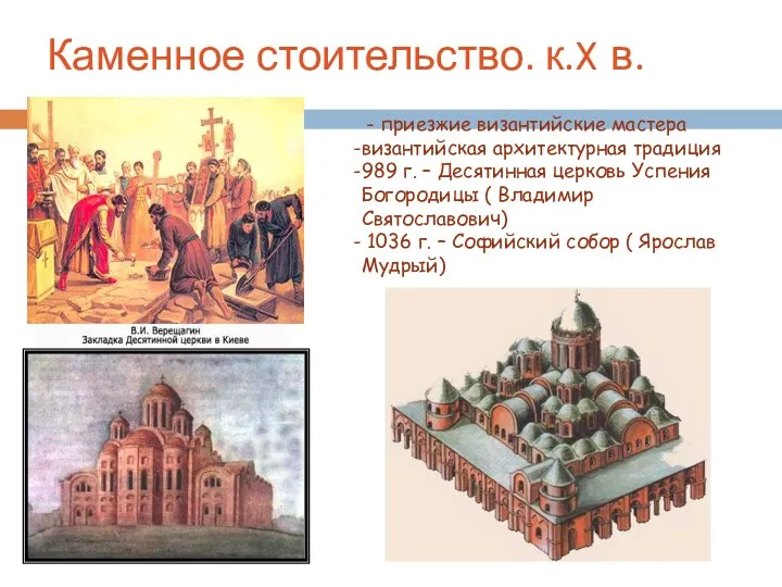 Каменное стоительство. к.X в. - приезжие византийские мастера византийская архитектурная традиция 989 г.