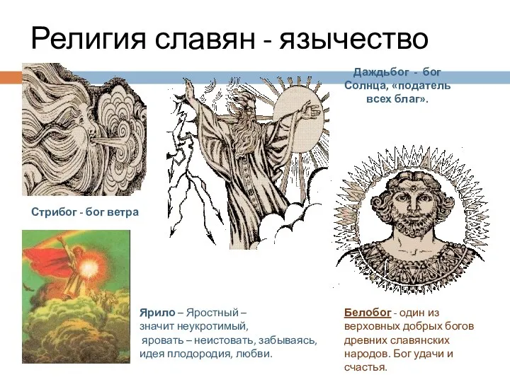 Религия славян - язычество Даждьбог - бог Солнца, «податель всех благ». Стрибог -