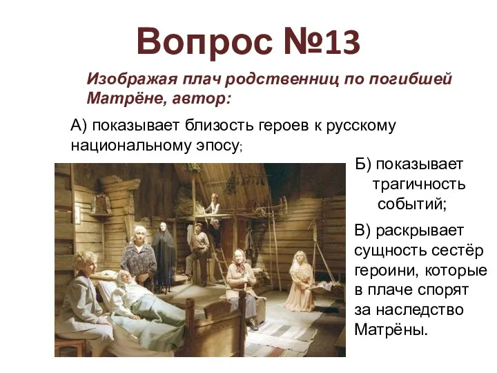 Вопрос №13 Изображая плач родственниц по погибшей Матрёне, автор: А)