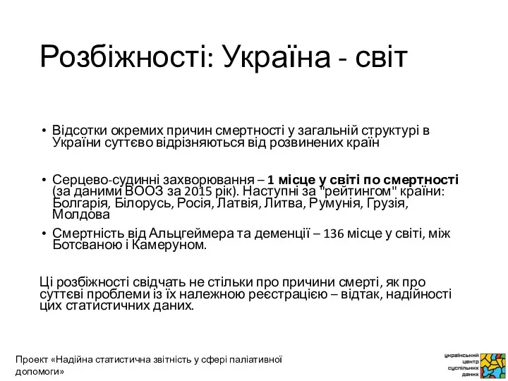 Розбіжності: Україна - світ Відсотки окремих причин смертності у загальній