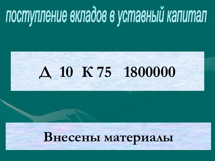 поступление вкладов в уставный капитал Д 10 К 75 1800000 Внесены материалы