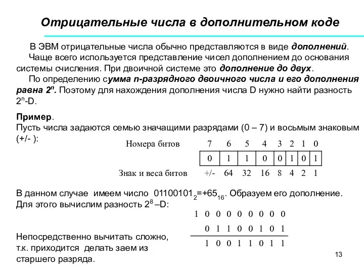 Отрицательные числа в дополнительном коде В ЭВМ отрицательные числа обычно