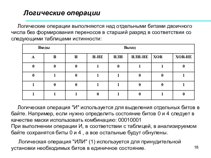 Логические операции Логические операции выполняются над отдельными битами двоичного числа