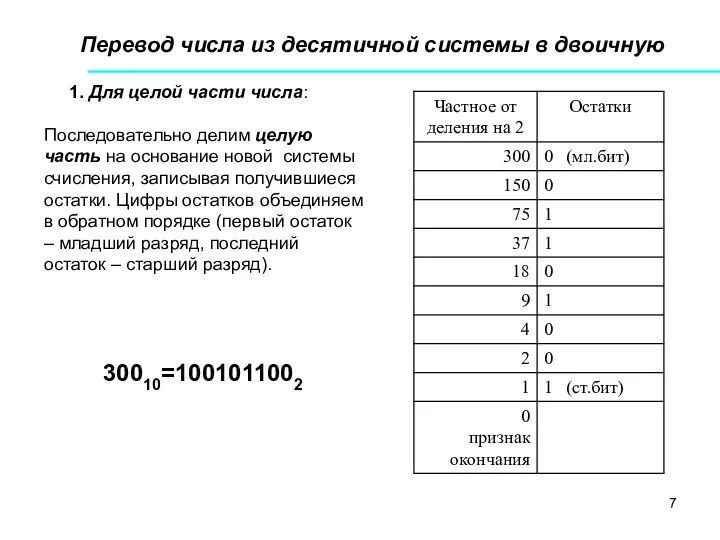 Перевод числа из десятичной системы в двоичную 1. Для целой