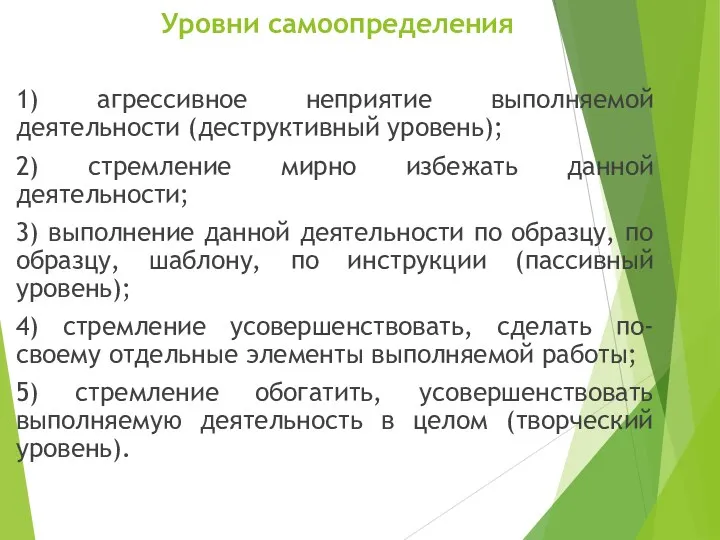 Уровни самоопределения 1) агрессивное неприятие выполняемой деятельности (деструктивный уровень); 2)