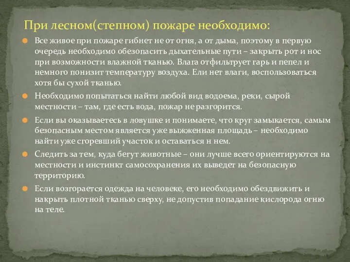 При лесном(степном) пожаре необходимо: Все живое при пожаре гибнет не