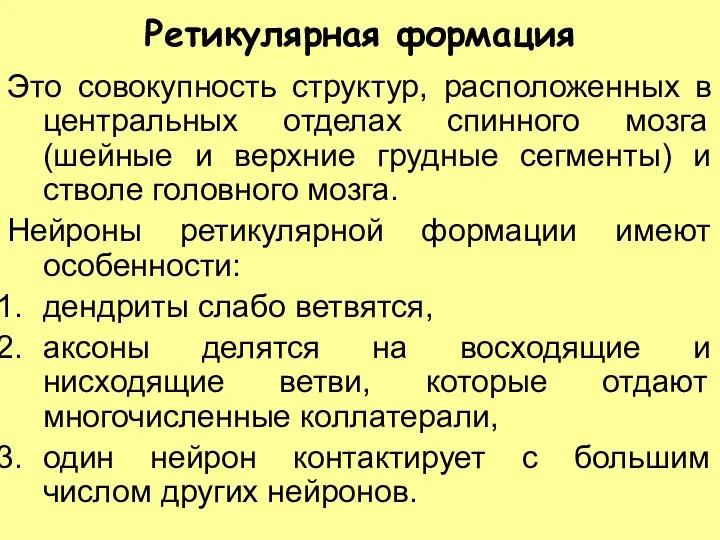 Ретикулярная формация Это совокупность структур, расположенных в центральных отделах спинного