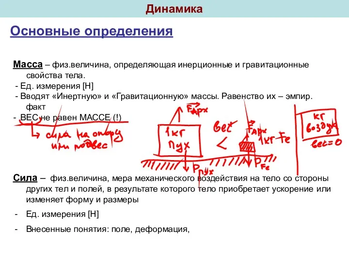 Динамика Основные определения Масса – физ.величина, определяющая инерционные и гравитационные