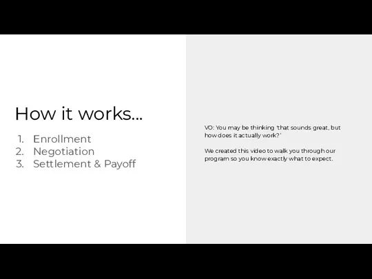 How it works... Enrollment Negotiation Settlement & Payoff VO: You