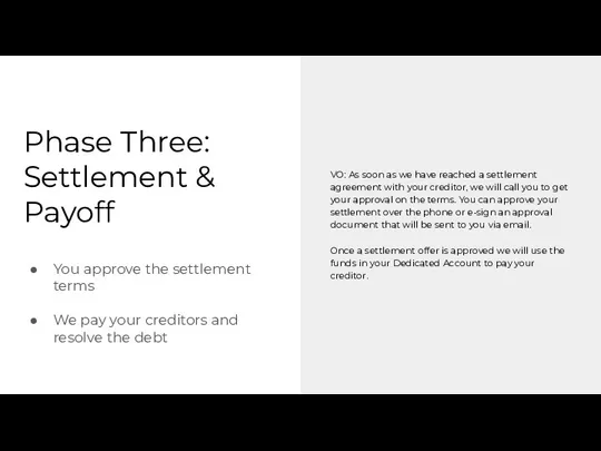 Phase Three: Settlement & Payoff You approve the settlement terms