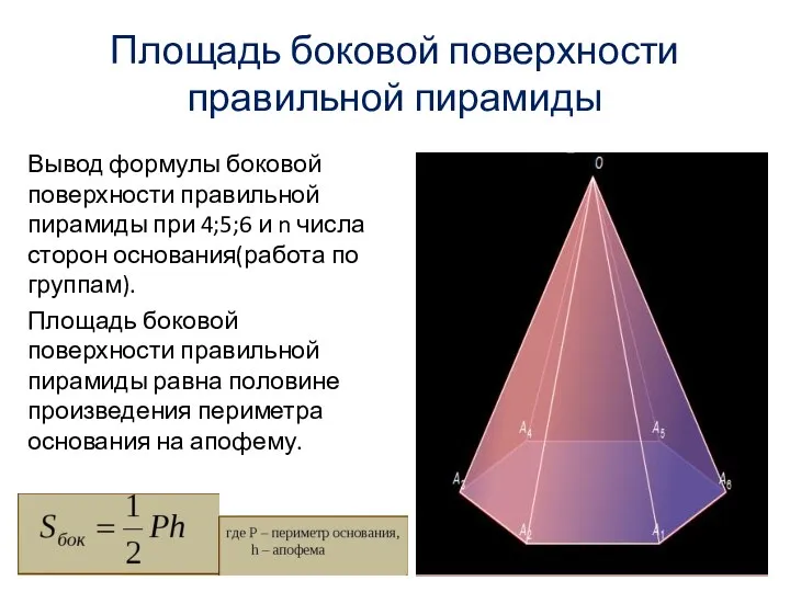 Площадь боковой поверхности правильной пирамиды Вывод формулы боковой поверхности правильной